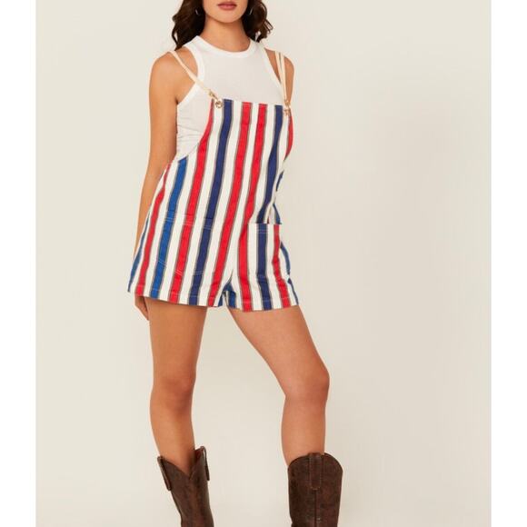 Show Me Your Mumu Striped Trude Romper Denim Short Overalls, size XS - Picture 1 of 10